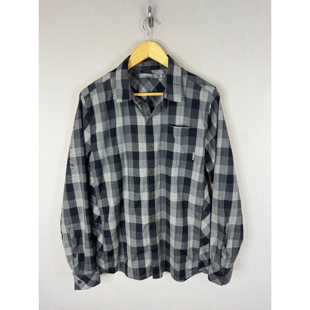 Icebreaker Merino Plaid Long Sleeve Button Down Shirt Mens Medium Grey Black